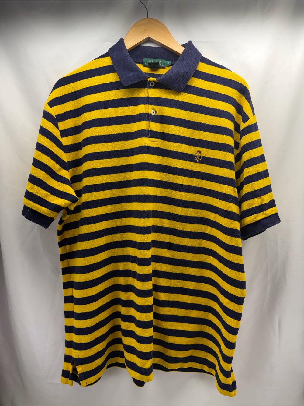 Vintage Lauren Ralph Lauren Striped Rugby Polo Shirt Navy / Yellow Crest - Large